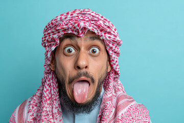 Portrait of Arabian man sticking out tongue. AI generative art