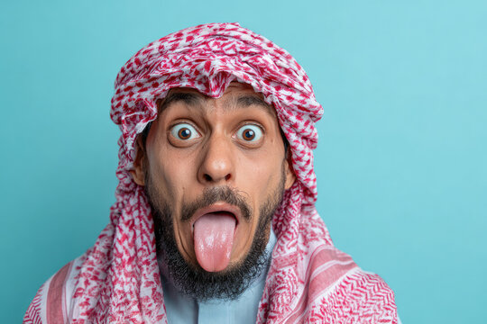 Portrait of Arabian man sticking out tongue. AI generative art
