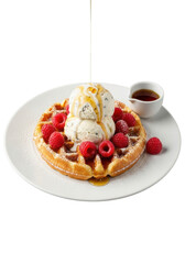 Golden Belgian waffle with melting vanilla bean ice cream, powdered sugar, and fresh raspberries on a white plate with maple syrup, seamless gray background, appetizing gourmet food concept