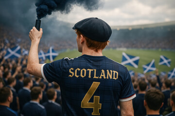 Obraz premium Scottish soccer fan with blue smoke flare in stadium
