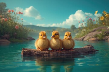 A group of tiny ducklings resting on a wooden branch over a watery scene