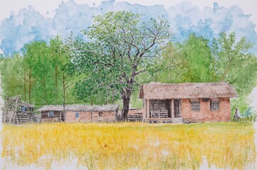 Artwork depicting a rural village scene featuring a house, a yellow field ahead, and lush greenery behind.