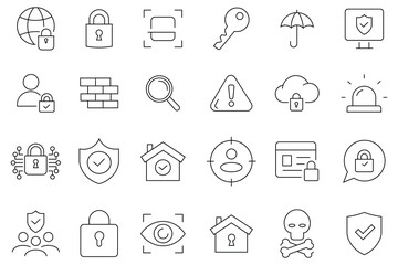 Collection of security icons displaying different aspects. Containing secured payment, encryption,  data protection, detector,  safety, insurance, sensor, locked, password and cybersecurity icon. 