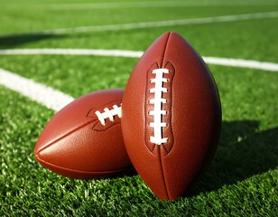 Two brown leather American footballs rest on a green artificial turf field near a white sideline marking