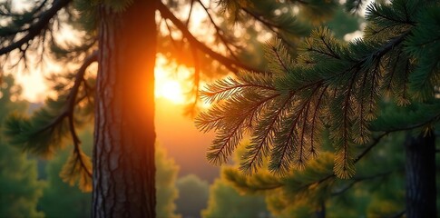 Golden hour sunlight bathes a towering pine tree, its needles shimmering with summer warmth  The air is still, and the scent of pine is thick and sweet ,  nature,  rural