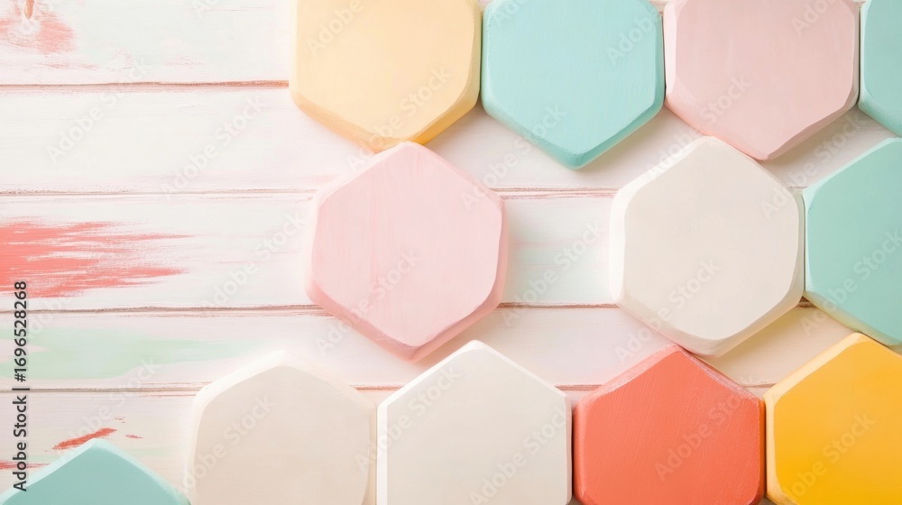Aufkleber colorful hexagonal tiles arranged on a wooden surface in playful patterns