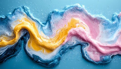 Obraz premium Abstract fluid art with swirling waves in pink, yellow, and blue colors creating dynamic motion effect against turquoise background, modern artistic design.
