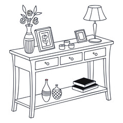 Console table with decorative items icon for interior design and home decor