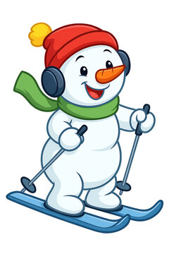 Schneemann f&auml;hrt Ski &ndash; freigestellte, niedliche Winter-Sticker-Illustration