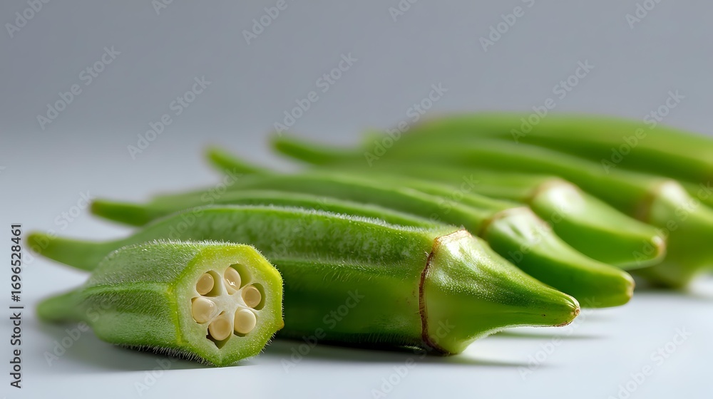 Poster fresh green okra pods sliced and arranged in row showing cross section with seeds and star pattern t