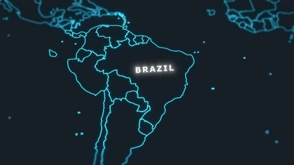 3D world digital glowing map animation of Brazil. - Powered by Adobe