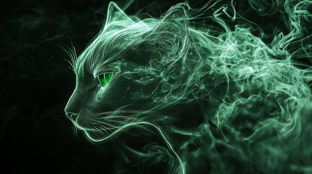 Glowing Green Wireframe Cat with Ethereal Smoke Background