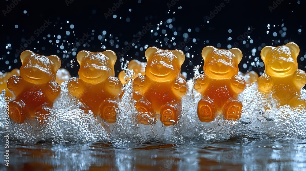 Poster orange gummy bears in splashing water with bubbles and droplets creating dynamic motion effect again