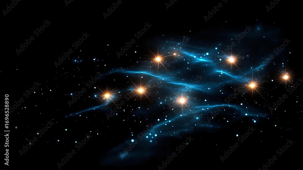 Poster Glowing stars illuminate mysterious blue cosmic streams against dark space background, creating mesmerizing celestial patterns in deep universe exploration.