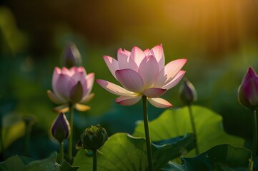 Obraz premium Pink lotus blossoms thriving in bright sunlight, showcasing natural botanical beauty