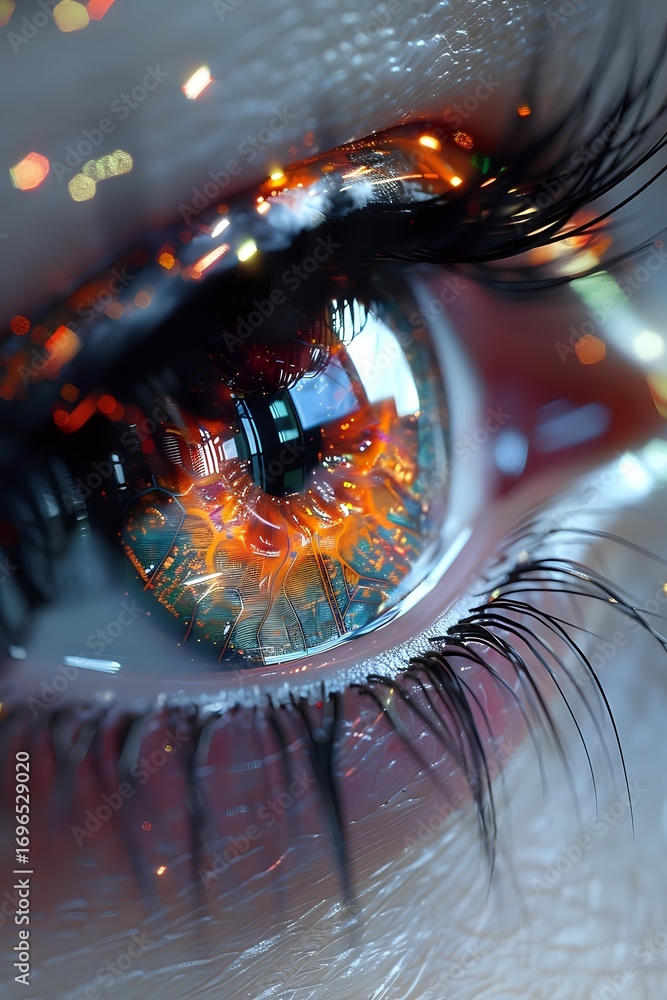 Aufkleber extreme macro photography of eye with digital circuit pattern reflected in iris, surrounded by long 