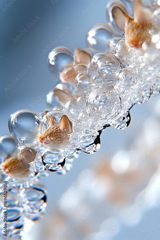 Poster delicate water drops on dandelion seeds create magical refraction effect against soft blue backgroun