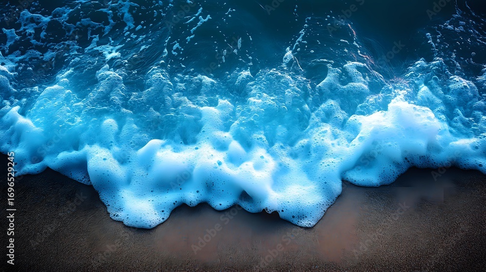 Poster dynamic ocean wave crashing with white foam and spray against dark background, creating dramatic con