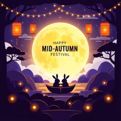 Illustration of mid autumn festival with rabbits in boat under full moon night