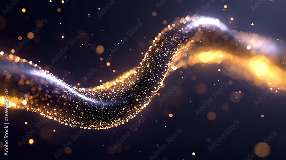Poster magical glowing wave of golden and silver particles flowing through dark space with sparkling light 