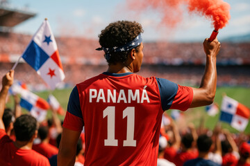 Fototapeta premium Panamanian soccer fan raising red smoke flare in stadium crowd