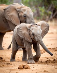 A young African elephant, its trunk playfully raised, walks alongside a slightly larger elephant in a light brown desert.