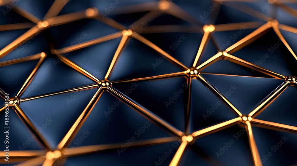 Aufkleber golden network connections on dark background with glowing nodes forming geometric pattern, abstract