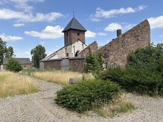 Church destroyed by fire in 52399 Bürgewald (formerly Morschenich), NRW, Germany
