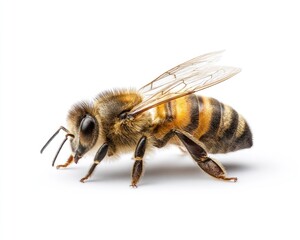 Close-up of a bee with striped abdomen and veined wings, casting a soft shadow against a bright white background