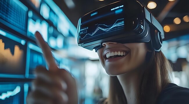 Young woman wearing virtual reality headset smiling while interacting with digital data visualization in modern office environment with blue lighting effects. - Powered by Adobe