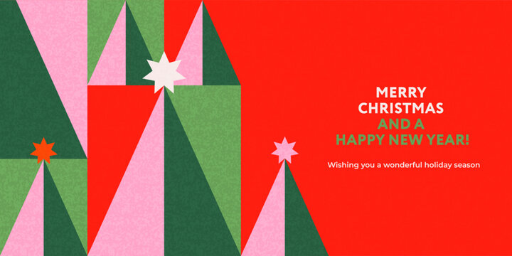 Christmas greeting card, banner, poster, holiday cover. Modern geometric Xmas design with stylized Christmas Tree pattern made of geometric shapes in red, green, pink and white colors.