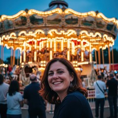 Smiling woman enjoys a vibrant amusement park carousel at dusk