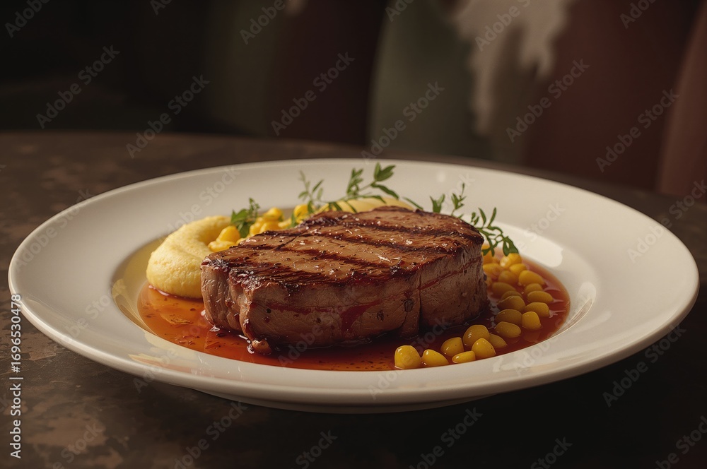 Poster medium grilled pork chop with parsnip puree and corn on a white plate