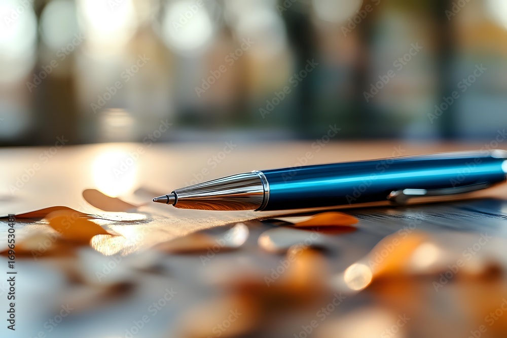 Poster elegant metallic blue pen on wooden surface with soft bokeh background and scattered autumn leaves c