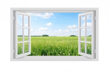 Secluded window looking out onto a grassy field