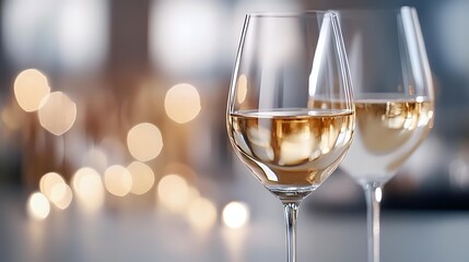 Two elegant wine glasses filled with white wine against blurred warm bokeh lights creating romantic atmosphere for special celebration or dining.