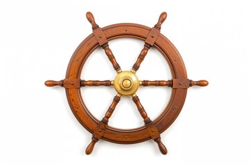 Old Wooden and Brass Ship Wheel on a White Backdrop