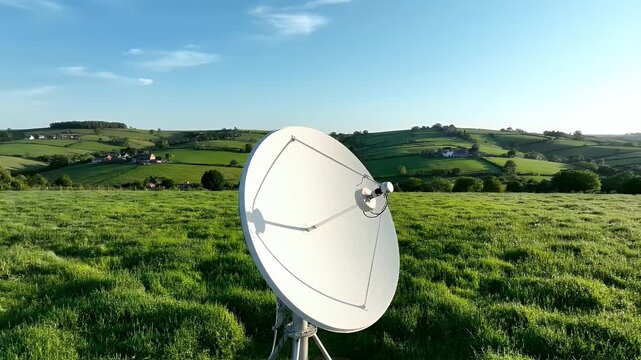 Satellite Communication Dish in Rural Landscape - A Video of Innovation and Nature Connectivity in Pastoral Scenery, Broadcasting Across Open Fields
