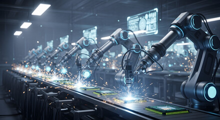 Futuristic smart factory with a row of industrial robotic arms welding microchips on an automated assembly line.