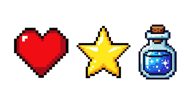Pixel art icons set with heart, star, and potion, retro gaming collectibles isolated on white background