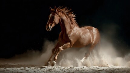 Majestic chestnut horse galloping through swirling dust clouds against dark background, displaying power and grace in dynamic motion capture.