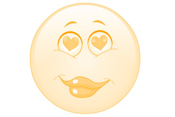 A glowing yellow smiley face with heart shaped eyes and puckered lips isolated on transparent...