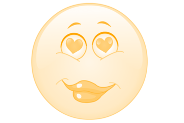 A glowing yellow smiley face with heart shaped eyes and puckered lips isolated on transparent background