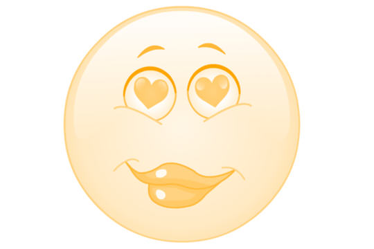 A glowing yellow smiley face with heart shaped eyes and puckered lips isolated on transparent background