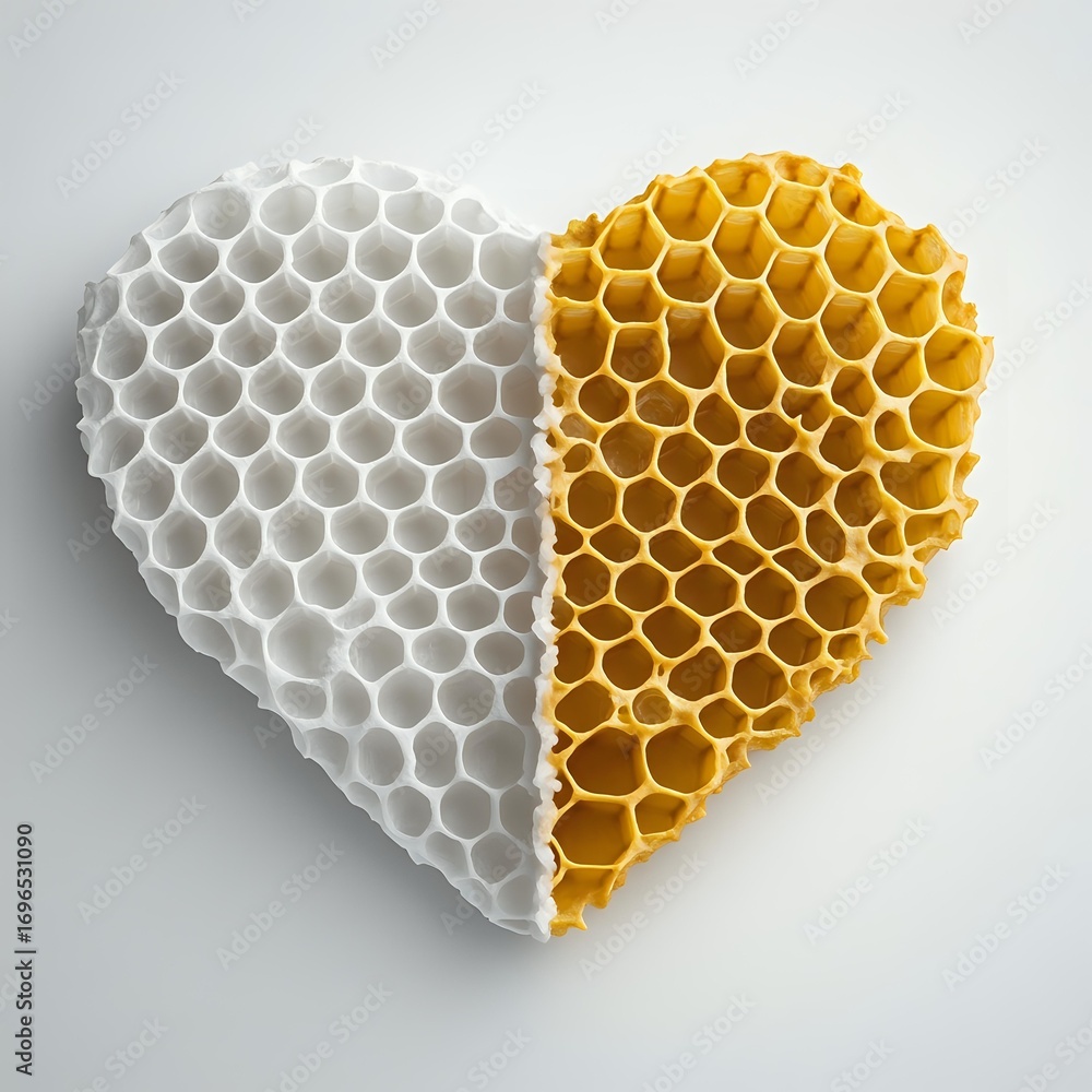 Poster Heart-shaped honeycomb structure split in white and golden yellow colors on light background, showing detailed hexagonal pattern and natural geometry design.