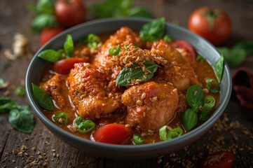 Curry chicken with aromatic basil in traditional cuisine