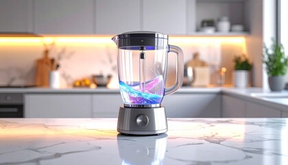 Futuristic blender creating a vibrant cosmic smoothie on a modern kitchen counter with a blurred background