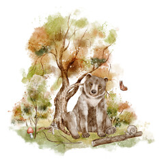 Watercolor Bear sitting under Autumn trees with mushrooms, butterflies, and forest plants. Illustration of woodland animal for fall designs. Isolated art of forest scene for nursery posters
