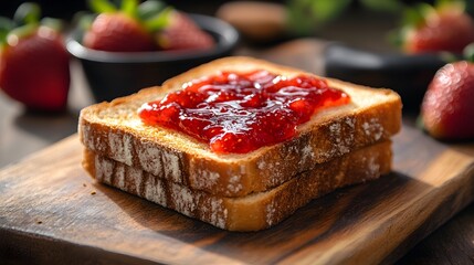 Fresh strawberry jam is slathered thickly over golden brown toast, neatly stacked on a wooden board surrounded by ripe strawberries in a delicious breakfast scene.