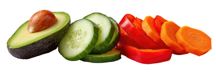 Sliced avocado, cucumber, bell pepper, and carrot